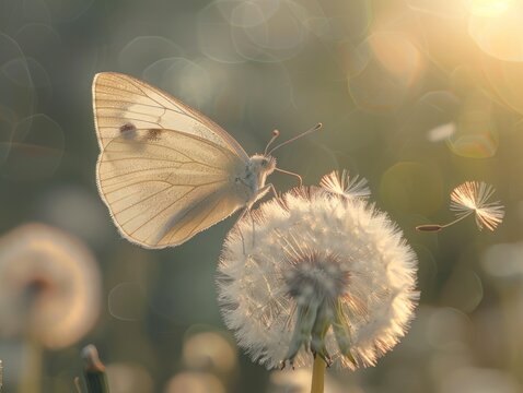 Fototapeta A delicate white butterfly rests on a fluffy dandelion seed head at sunrise, backlit by warm golden light, creating a dreamy, ethereal atmosphere.