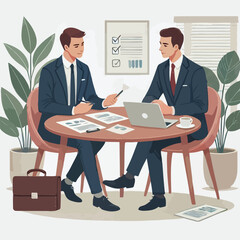 Partners meeting for business discussion with documents and laptop on desk. Couple at round table, speaking, discussing work, partnership. Flat vector illustration isolated on white background