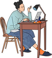 Woman is working online on vintage desk.