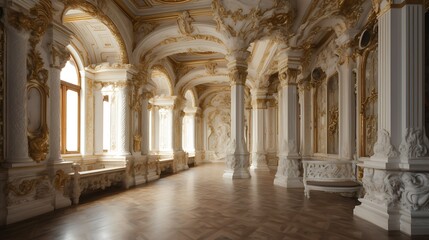 Elegant white and gold palace interior hallway with arched windows, columns, and ornate details.
