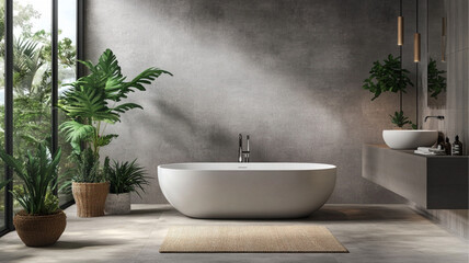 a photo realistic kitchen luxurious bathroom with a minimal masculine aesthetic concrete walls and everything is smart innovative technology