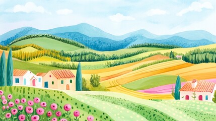 Vibrant countryside with rolling hills and flowers.