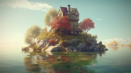 Quaint house on a serene island, autumn foliage, calm water reflection.