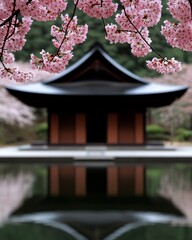 Serene cherry blossoms framing a traditional building.