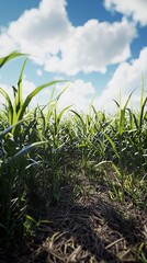 Lush green grass field under a bright, partly cloudy sky.