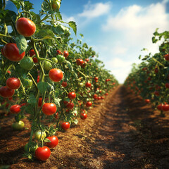 a lush tomato field under a clear blue sky, rows of vibrant green vines heavily laden with plump, ripe red tomatoes