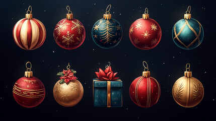 A vibrant collection of 2D vector icons showcasing cool Christmas items such as a star, reindeer, bell, and snowflake.