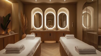 Luxury hotel-style cleansing room with large mirrors, soft towel arrangements, pristine fixtures, and mood lighting 