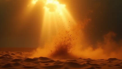 Fototapeta premium Golden Sunrise Over Desert Sands with Glowing Rays and Dramatic Sky