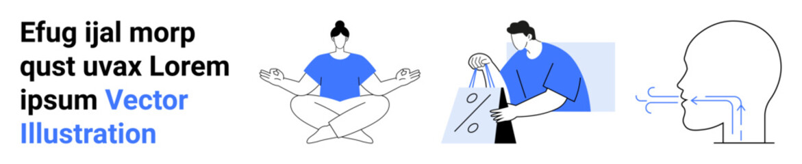Person meditating, individual carrying shopping bags, diagram showing breathing process. Ideal for wellness, relaxation, consumerism, health education, mindfulness promotion, shopping trends