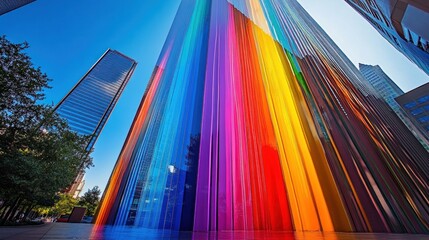 Rainbow colored glass panels on a city building