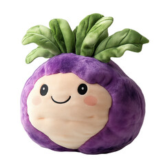 Purple plush toy of a rounded fruit with a smiling face and appendages, transparent PNG for decorative purposes