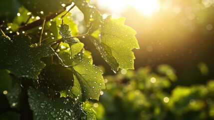 Dew Drops Glisten on Sunlit Grape Leaves