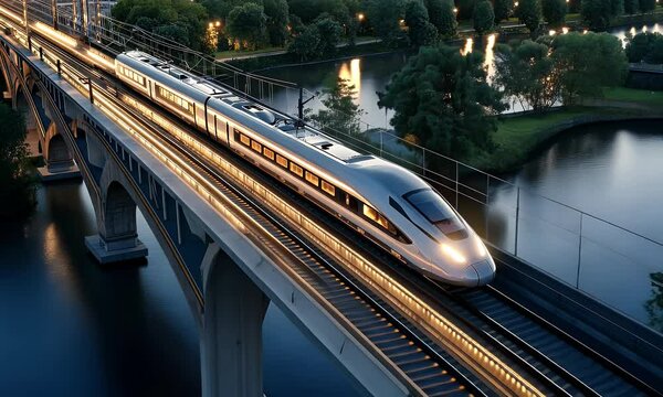 A sleek high-speed train travels over a bridge at night, illuminated by city lights.