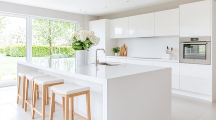 Modern white kitchen with island, stools, and garden view.