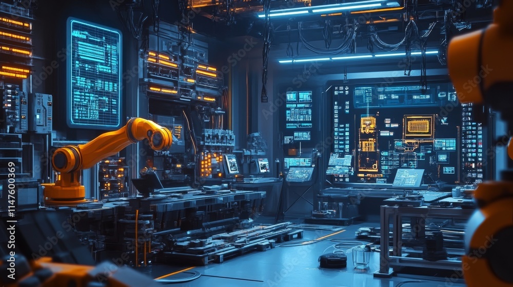 Poster advanced robotics operations high-tech lab digital environment futuristic workspace close-up innovat