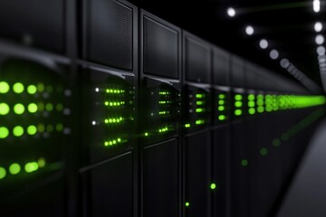 Data center with illuminated server racks.