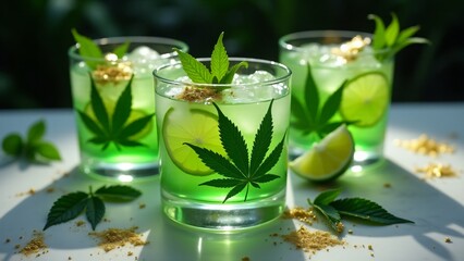 Fototapeta premium Green cannabis-themed cocktails with garnishes like leaves and gold flakes, placed on a marble countertop with mint, lime slices, and elegant glassware under soft light