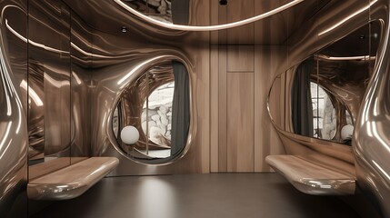 Modern interior design with metallic walls, wooden accents, and curved shapes.