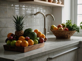 Fresh fruits and vegetables arranged beautifully on a clean kitchen counter