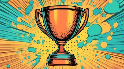 A vibrant trophy illustration with dynamic splashes, symbolizing achievement and celebration.