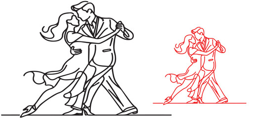 Continuous one line drawing happy couple dancing salsa. Couples, man and woman in dance