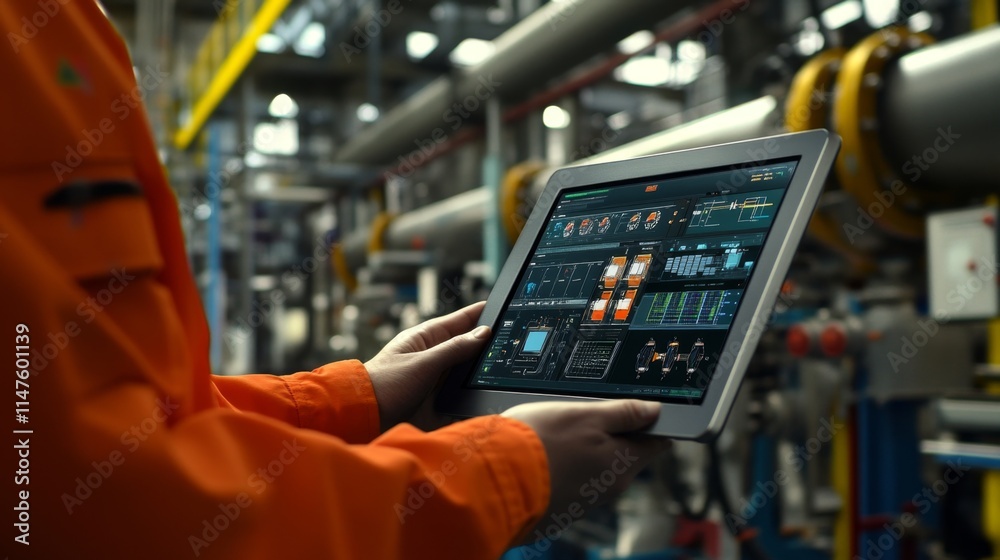 Poster industrial worker monitoring system performance factory floor digital display high-tech environment 