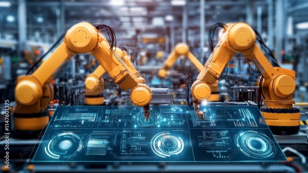 Poster automated robotics assembly in high-tech factory industry digital interaction modern environment clo