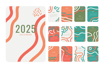 A set of 12 minimalist calendar cards for 2025, each featuring a unique abstract design in earthy tones. Perfect for planners, journals, and home decor.