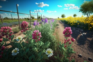 Obraz premium Vibrant wildflowers bloom along a sunny dirt road, showcasing diverse flora in a picturesque landscape.