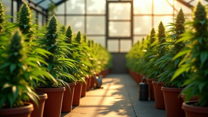 Fototapeta premium Healthy cannabis plants in terracotta pots in a sunlit greenhouse, showcasing different growth stages, surrounded by gardening tools and natural light