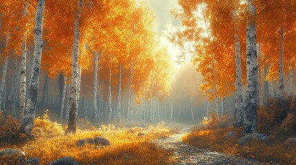 Obraz premium Golden autumn path through misty birch forest.