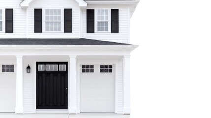 White two-story house with black door and shutters, attached garage.