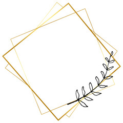 Png frame in gold square with floral doodle in minimal aesthetic on transparent background