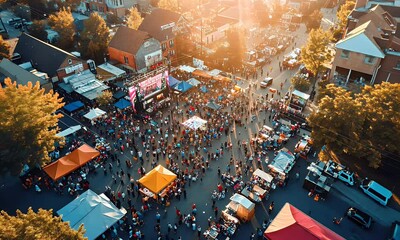 A vibrant outdoor festival scene with crowds, food stalls, and a stage at sunset.