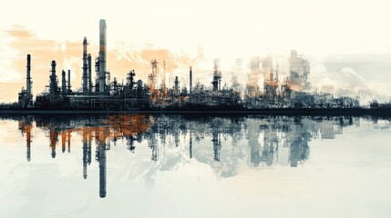 Obraz premium Industrial landscape reflection at dusk oil refinery digital art urban environment wide angle pollution awareness