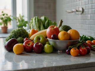 Fresh fruits and vegetables arranged beautifully on a clean kitchen counter