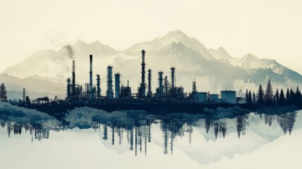 Naklejka premium Industrial transformation oil refinery mountainous region landscape photography serene environment reflective viewpoint