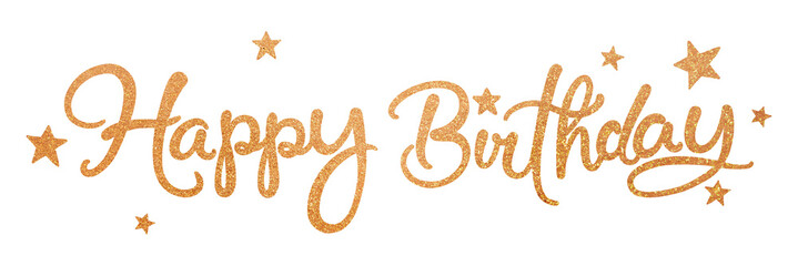 Happy birthday png, gold glittery calligraphy, digital sticker with white outline in transparent background