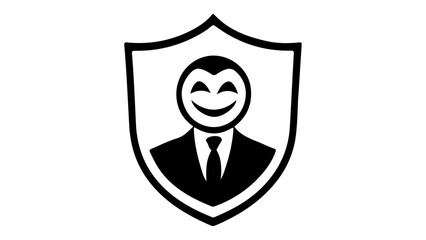 smiling person with emoji face in a shield silhouette, person with emoji face in shield shape vector illustration in black and white
