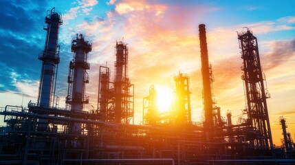 Obraz premium Industrial sunset at a refinery oil processing plant photography urban environment wide angle energy production