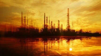 Fototapeta premium Industrial sunset reflection oil refinery photography urban landscape wide angle nature's beauty and human impact