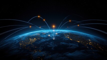 Global Network Connections and Data Transfer Over Earth at Night