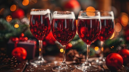 Four glasses with red liquid and christmas decor.