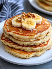 Delicious Banana Pancakes with Caramelized Toppings Kitchen Table Food Cozy Indoor Setting Close-Up View Comfort Food Concept