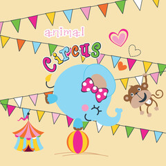 Cute elephant vector illustration performing at the circus with little friends in a fun, playful show