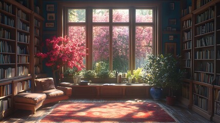 Cozy Library with Spring Sunlight. Concept of Tranquility, Reading, and Inspiration.
