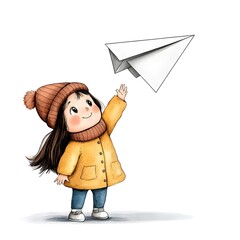 Happy Little Girl in a Yellow Coat and Brown Hat, Throwing a White Paper Airplane Into the Air