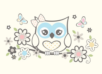 Cute owl vector illustration with beautiful flower decorations in a charming design
