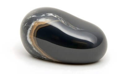Obraz premium Polished gray agate pebble with white and brown swirls on white background.